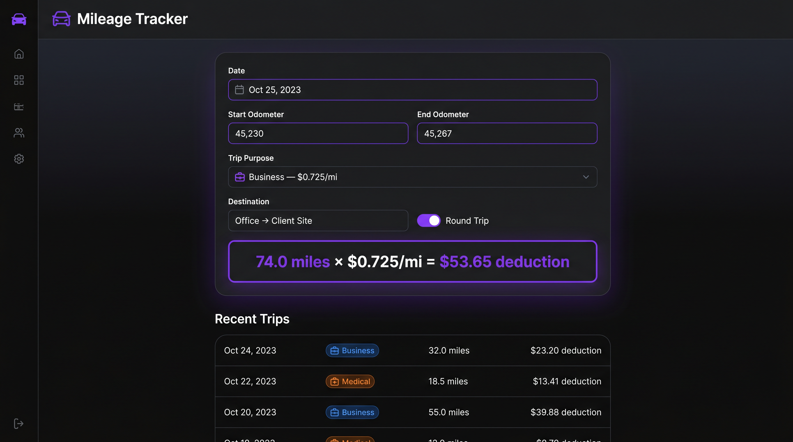 SimplyExpensed mileage tracker showing trip logging with odometer readings, IRS deduction calculation, and trip history