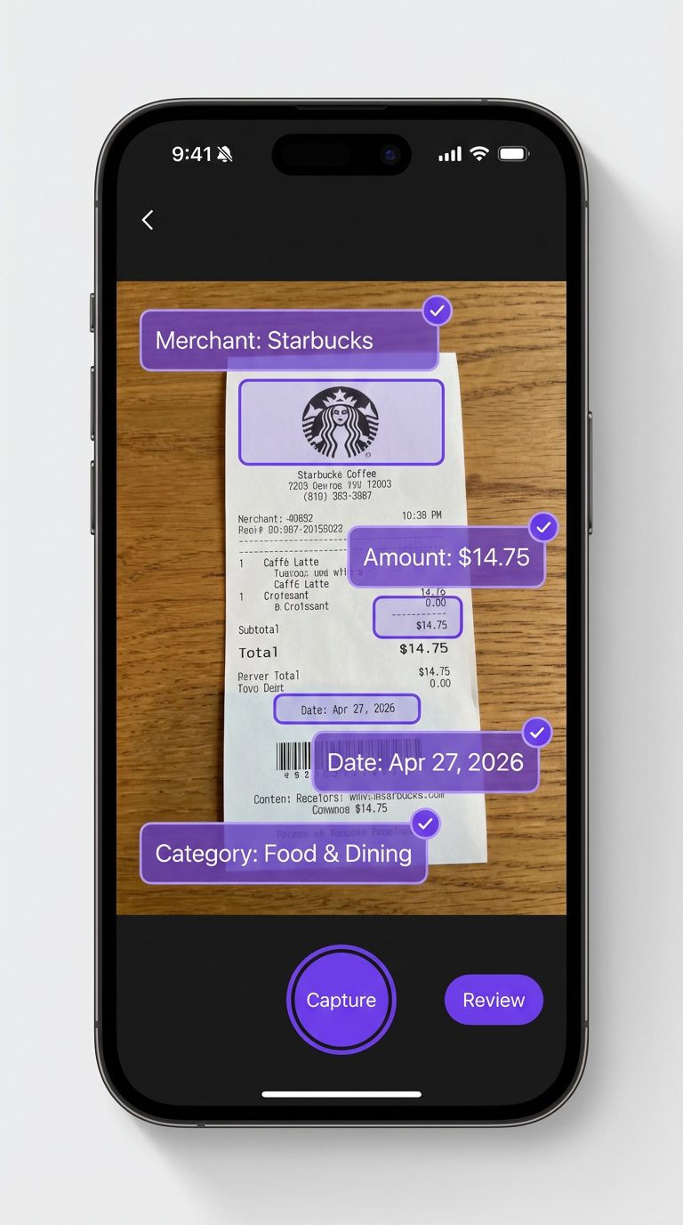 SimplyExpensed mobile receipt scanning with AI field extraction showing merchant, amount, and category detection