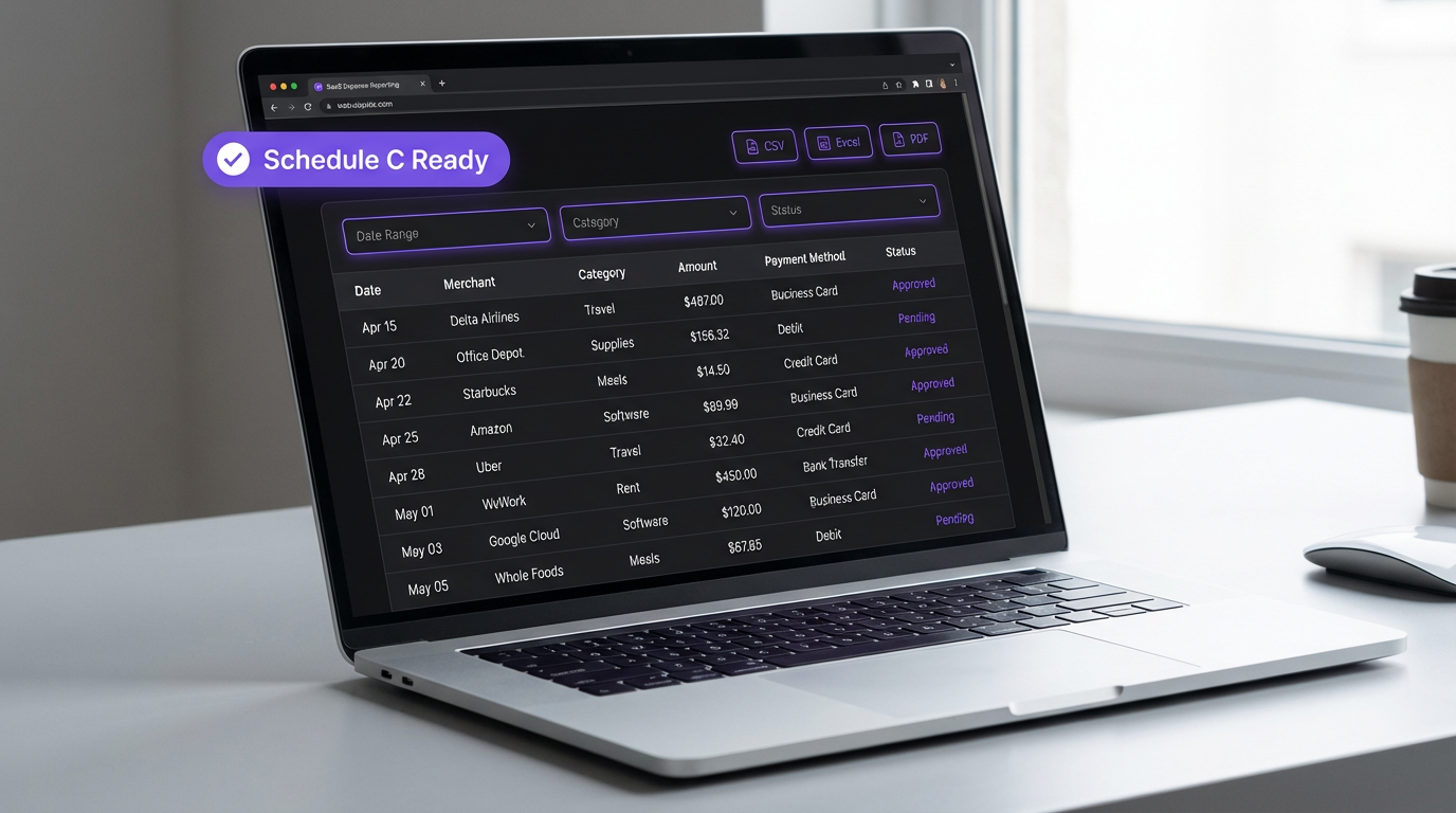 SimplyExpensed reports page with expense data table, filters, and CSV/Excel/PDF export options